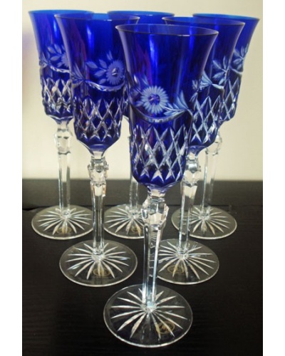 6 Grandes flûtes à champagne bleues Cristal de Bohême