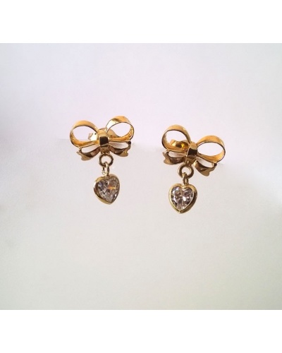 Boucles d'oreilles nœuds et cœurs zirconiums or jaune 750