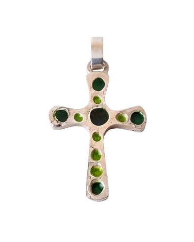 Croix ancienne émaux verts argent massif 925 Arior