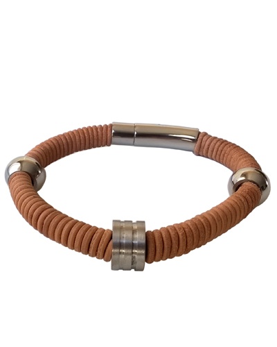 Bracelet homme acier et cuir marron clair