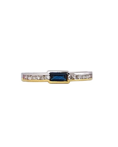 Bague carrée saphir baguette diamants 2 ors 750