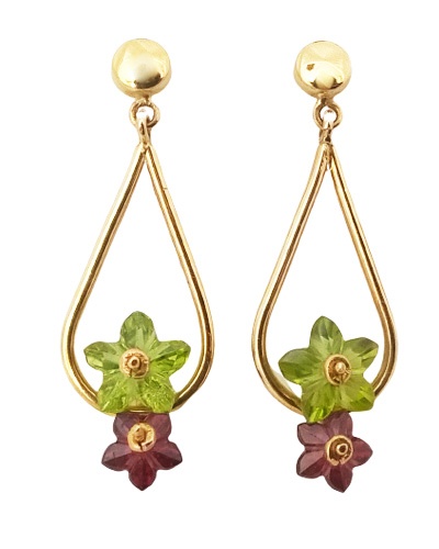 Boucles d'oreilles péridot et grenats fleurs or jaune 750