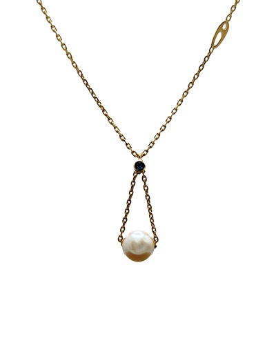 Cultured Pearl Blue Sapphire Necklace 18K Yellow Gold Augis Vintage