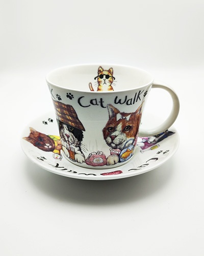 Tazas de desayuno Animal Fashions gato porcelana inglesa Roy Kirkham